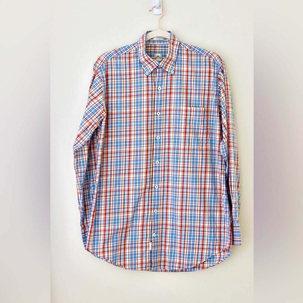 Peter Millar long sleeve button down collar shirt
Plaid orange brown blue size M